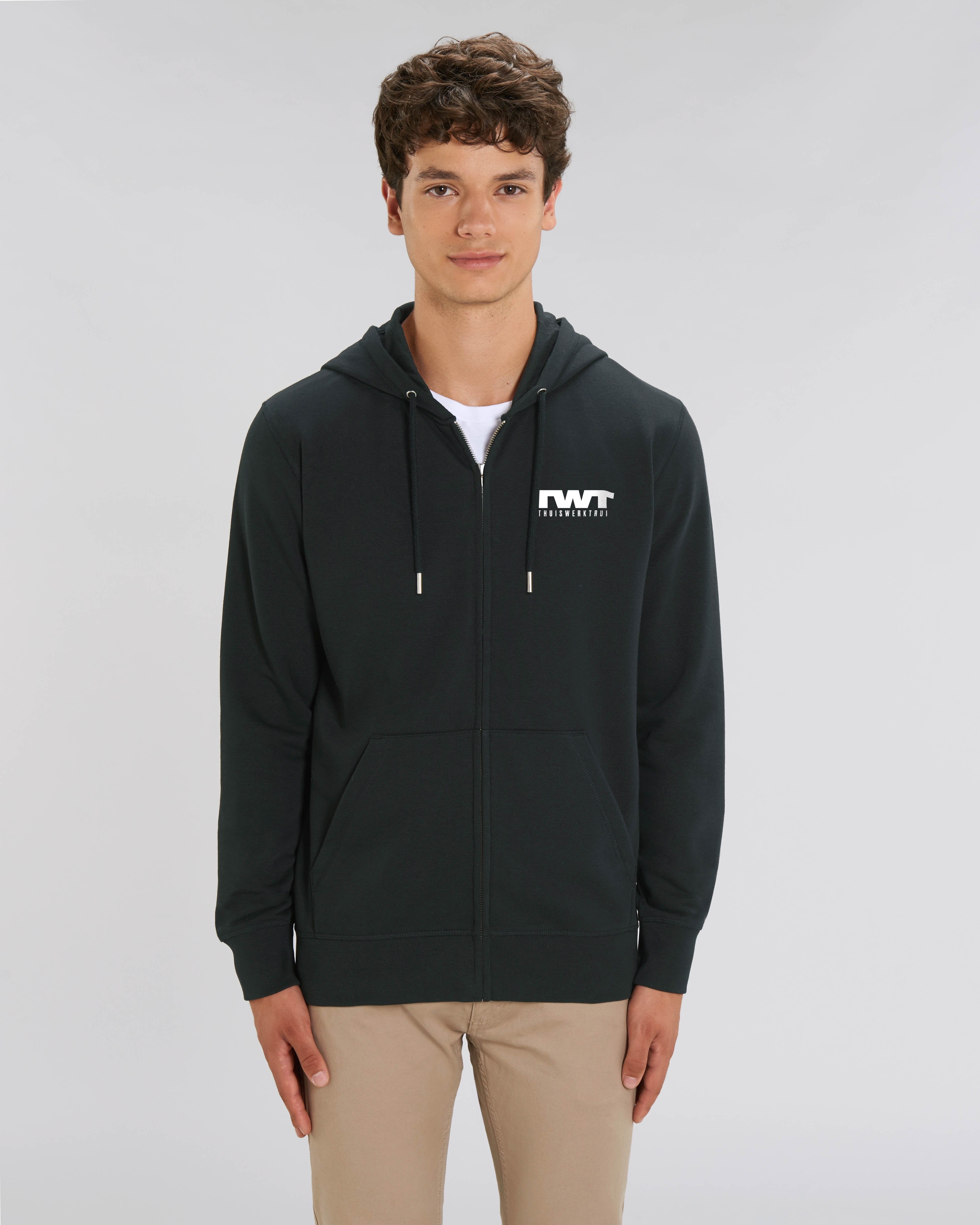 Hoodie met rits met vet geschreven opdruk 'TWT en thuiswerktrui' - Witte opdruk Hoodie met rits met vet geschreven opdruk 'TWT en thuiswerktrui' - Witte opdruk