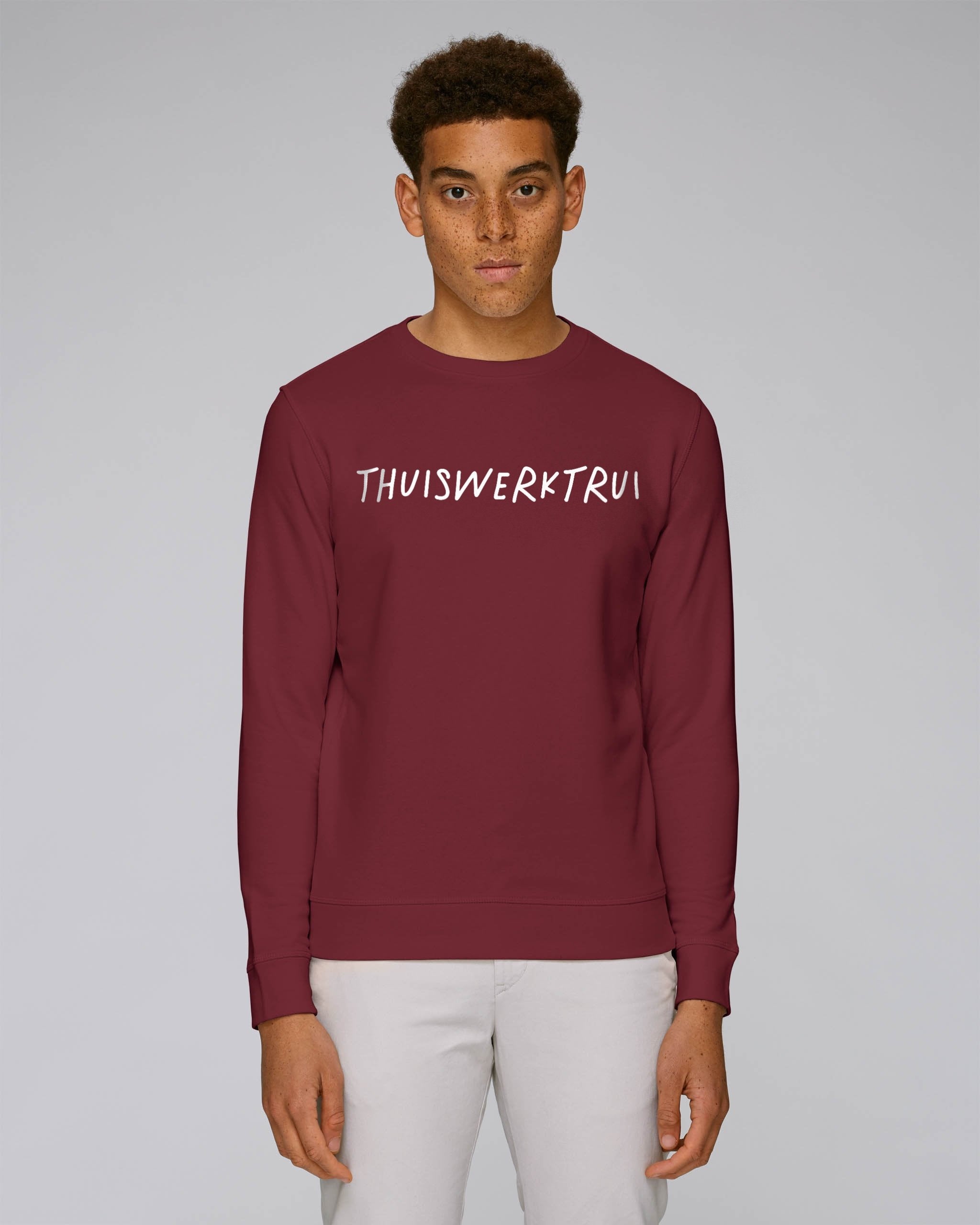 Sweatshirt met geschreven opdruk 'thuiswerktrui' - Witte opdruk Sweatshirt met geschreven opdruk 'thuiswerktrui' - Witte opdruk